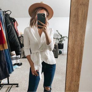 BCBG Maxazria White Ribbed Trim Waist Tie Cardigan Sweater (size Large)